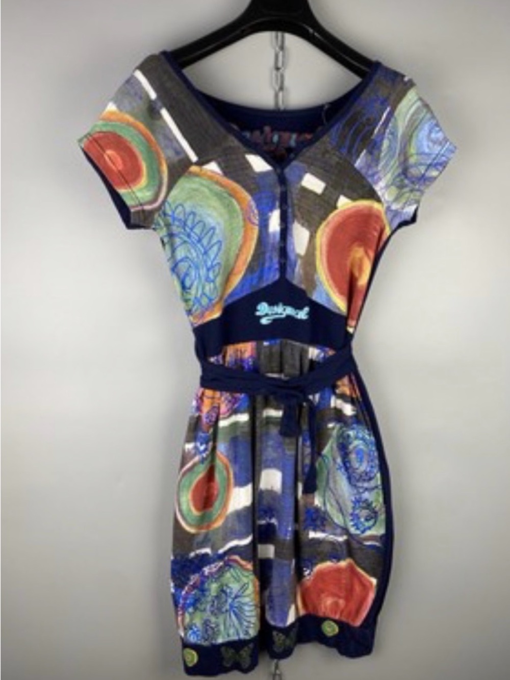 Vintage Desigual Navy Blue Multicolor Short Sleeve Belted Dress